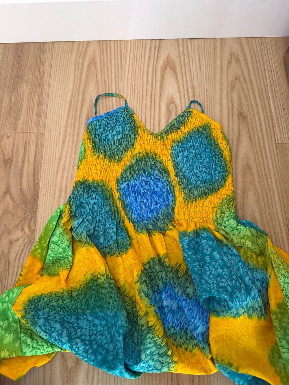 Vibrant Yellow & Teal Tie-Dye Summer Dress